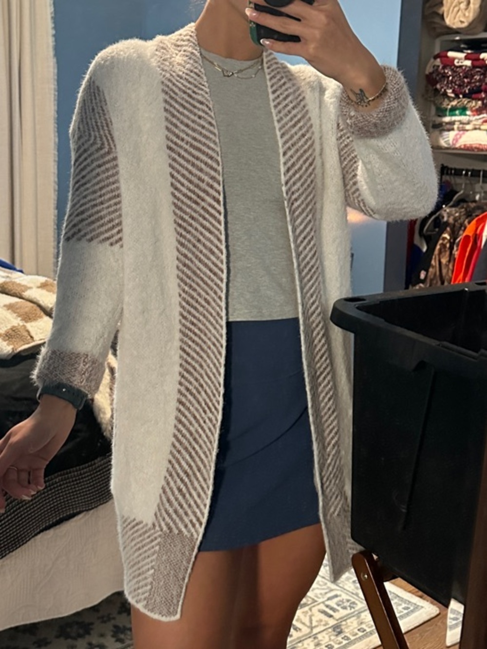 SHEIN Cream and Taupe Striped Open-Front Cardigan